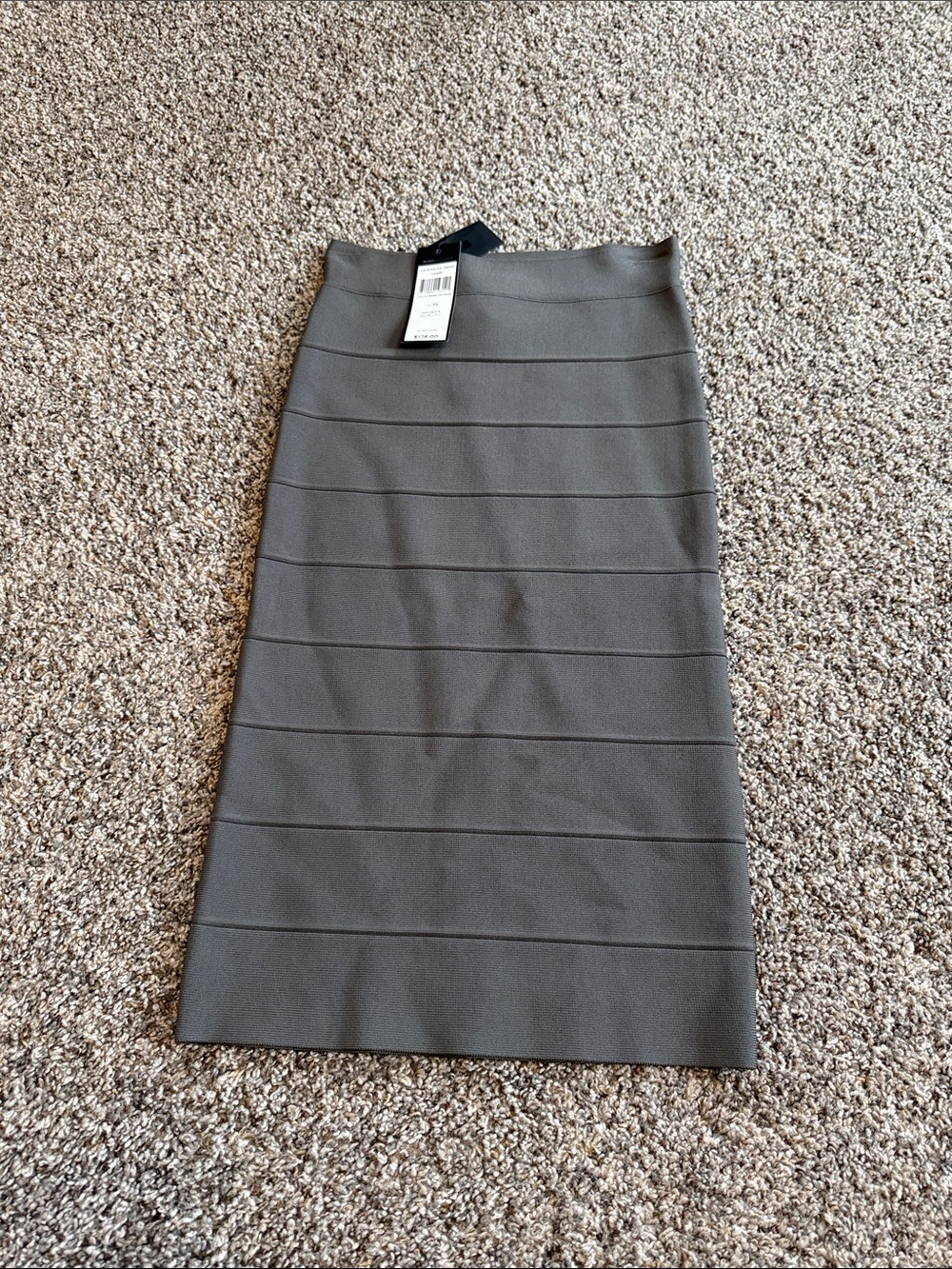 NWT BCBGMaxAzria Dark Gray Olive Tone Ribbed Midi Pencil Skirt Size XS